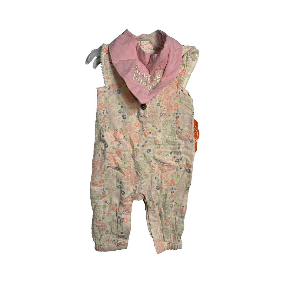 wonder nation bunny floral flowers‎ baby girls romper with bib size 3-6 months